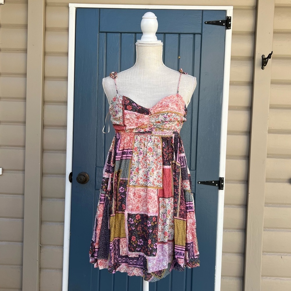 Olivaceous pink multi-coloured patchwork mini dress with adjustable strap Size S